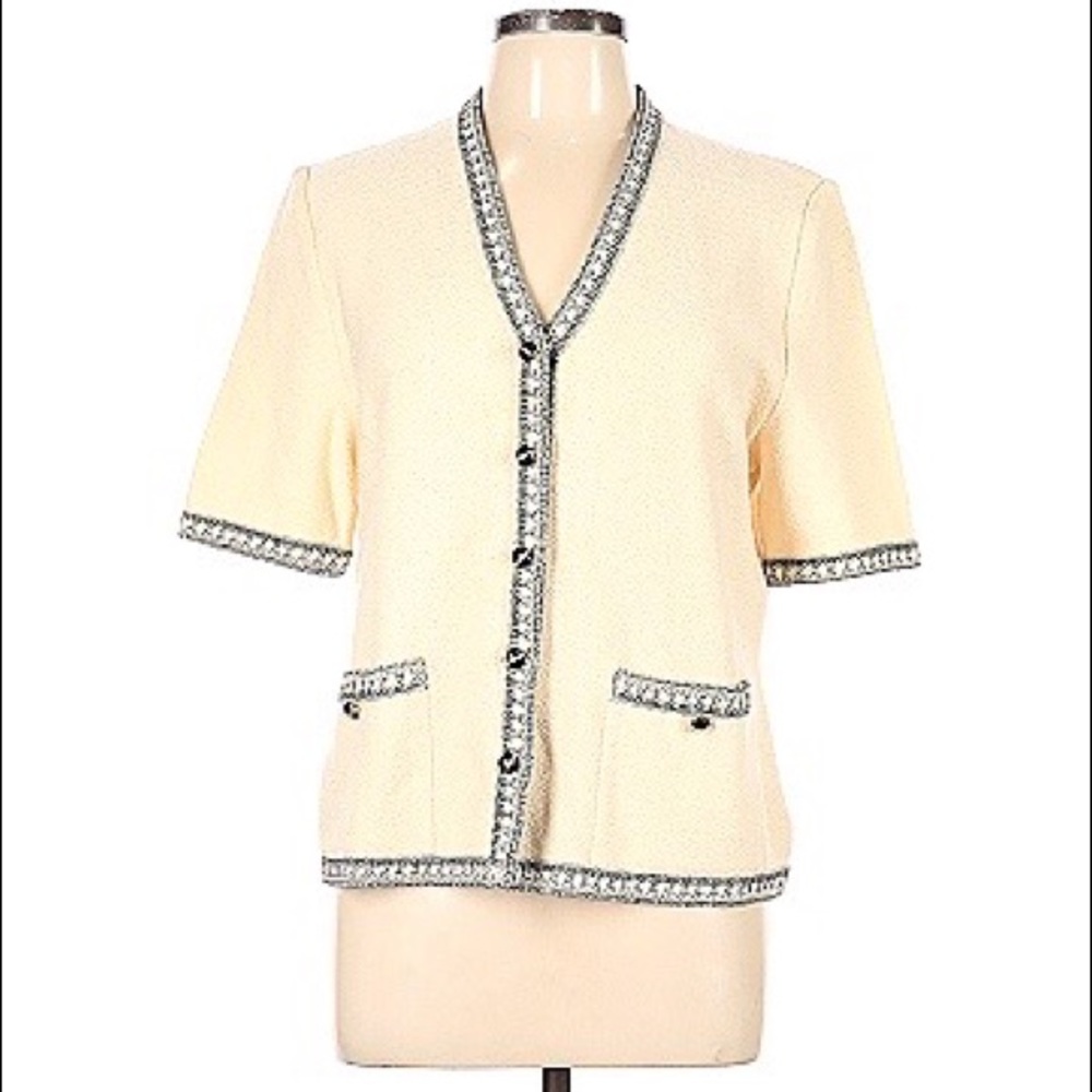 St John cream / off white and black short sleeve button up sweater, size 10